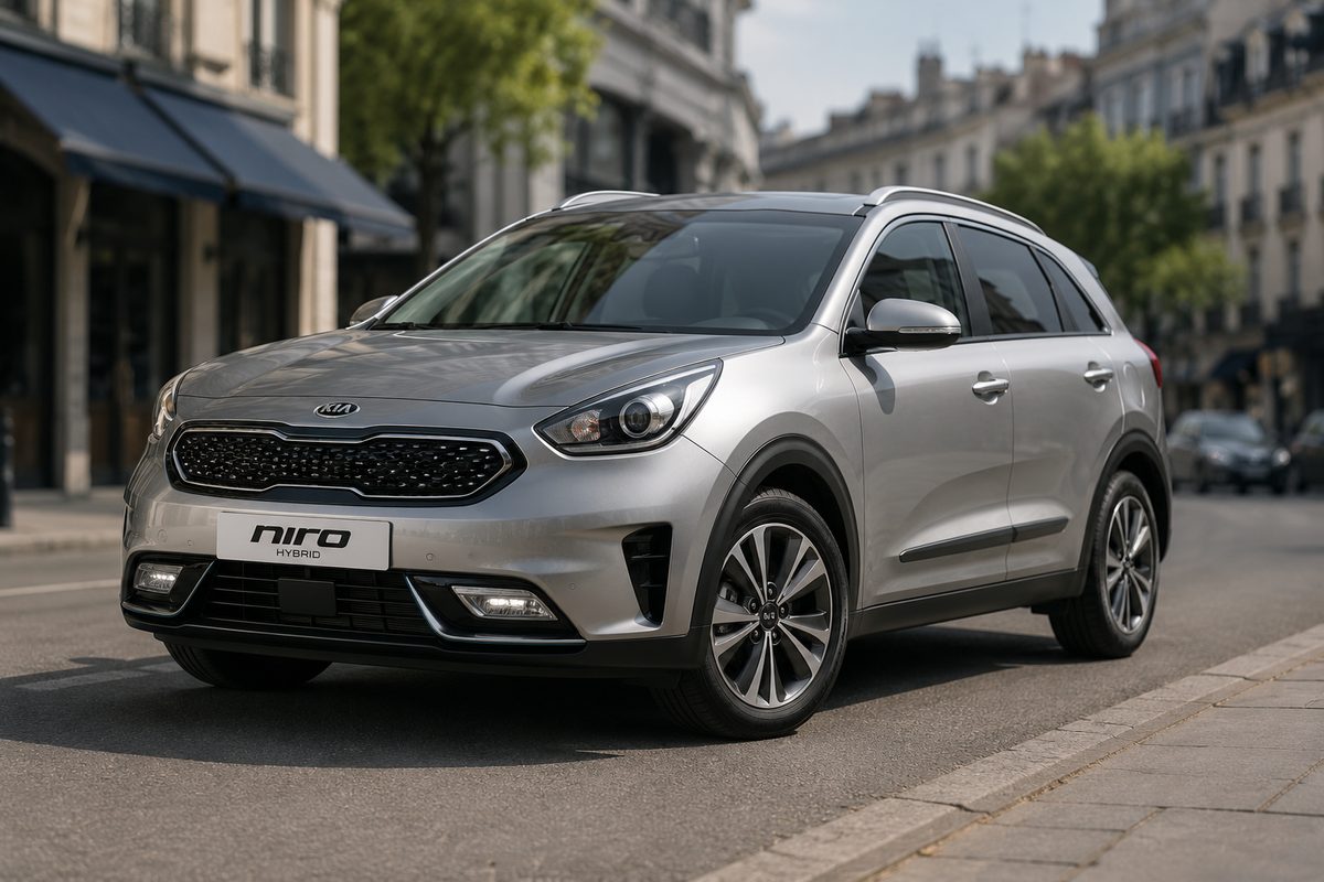 Kia Niro Hybrid argent, véhicule Cabs VTC, dans les rues de Lille